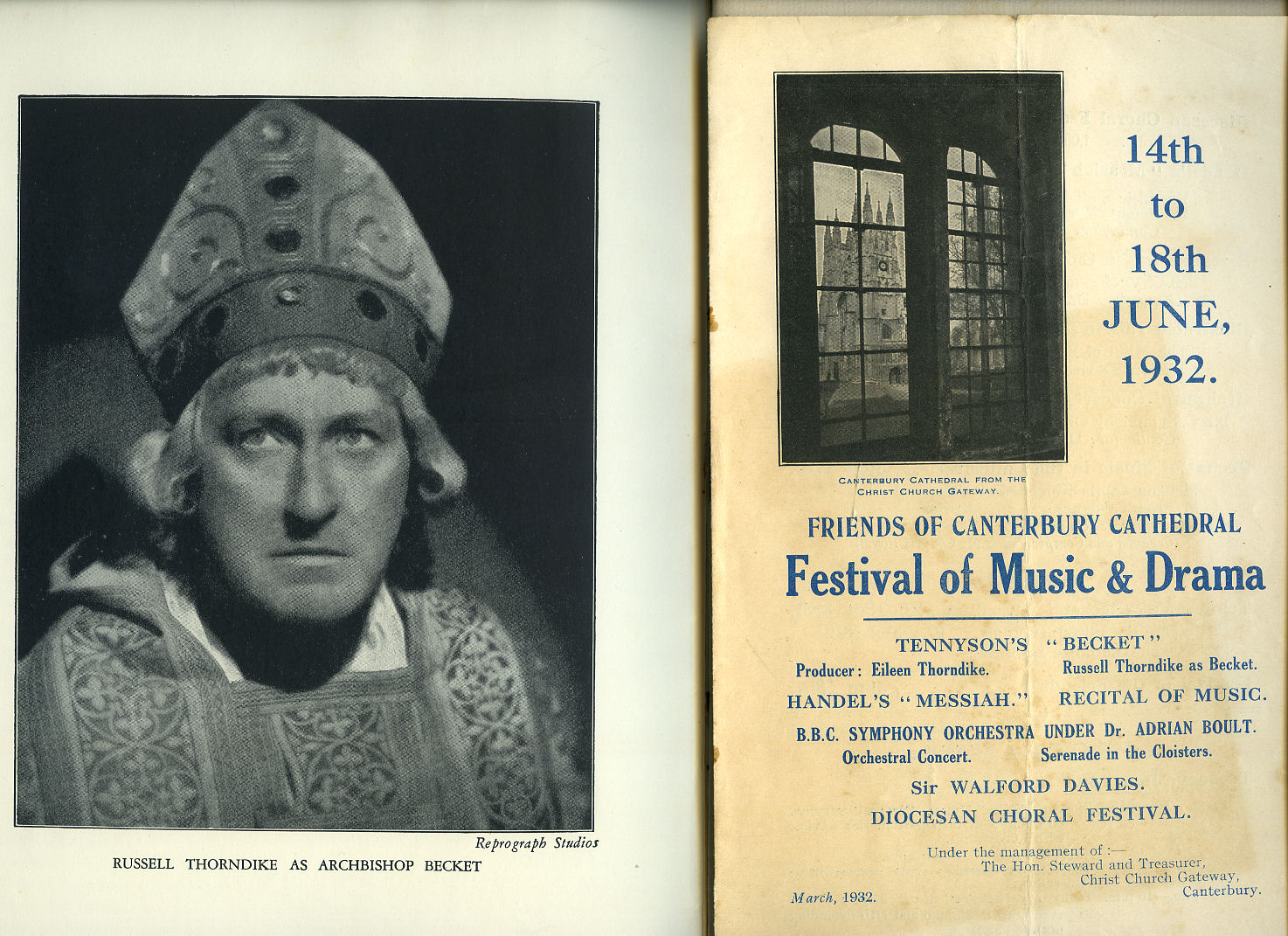 Friends of Canterbury Cathedral Festival of Music and Drama Souvenir Programme | June 14th to June 18th, 1932 | Becket | + Folded Flyer + Producer