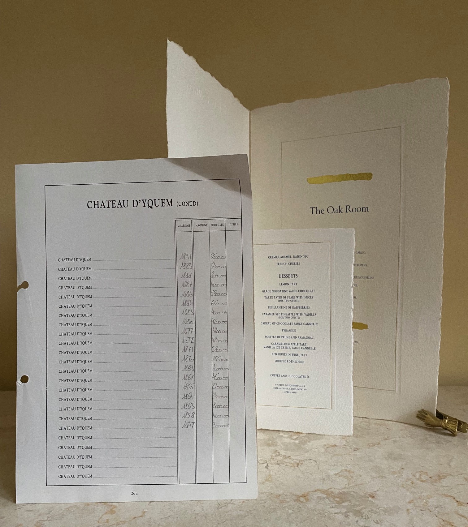 Original Menu From: The Oak Room Restaurant at the Le Méridien Piccadilly Hotel + Separate Dessert Menu + Chateau d
