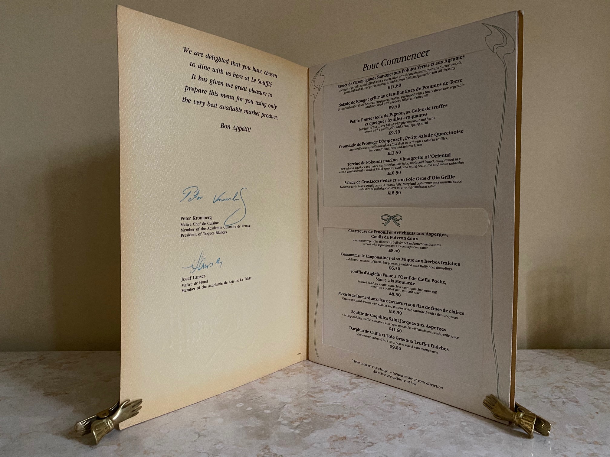 Original Menu From: le Souffle InterContinental London Park Lane (Double Signed)