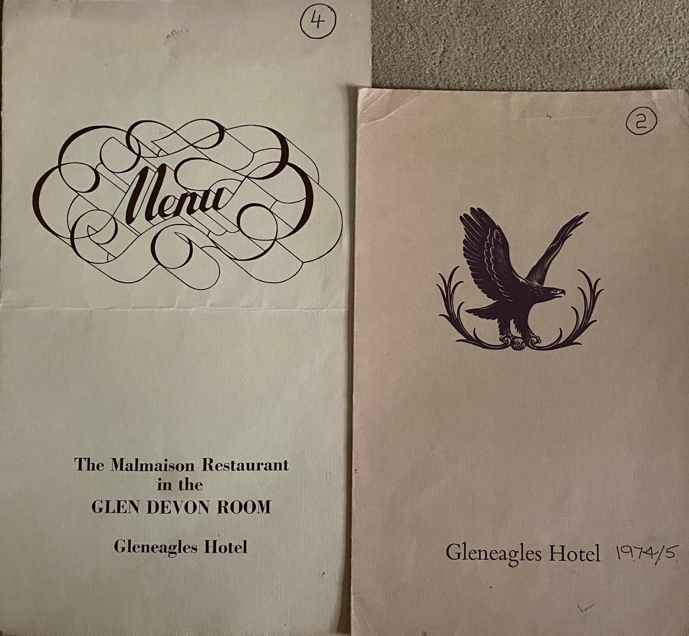 Two Original Menus From: Gleneagles Hotel Auchterarder, Perthshire | Two Menus: La Carte (September 1975) and The Malmaison Restaurant in the Glen Devon Room (1975)