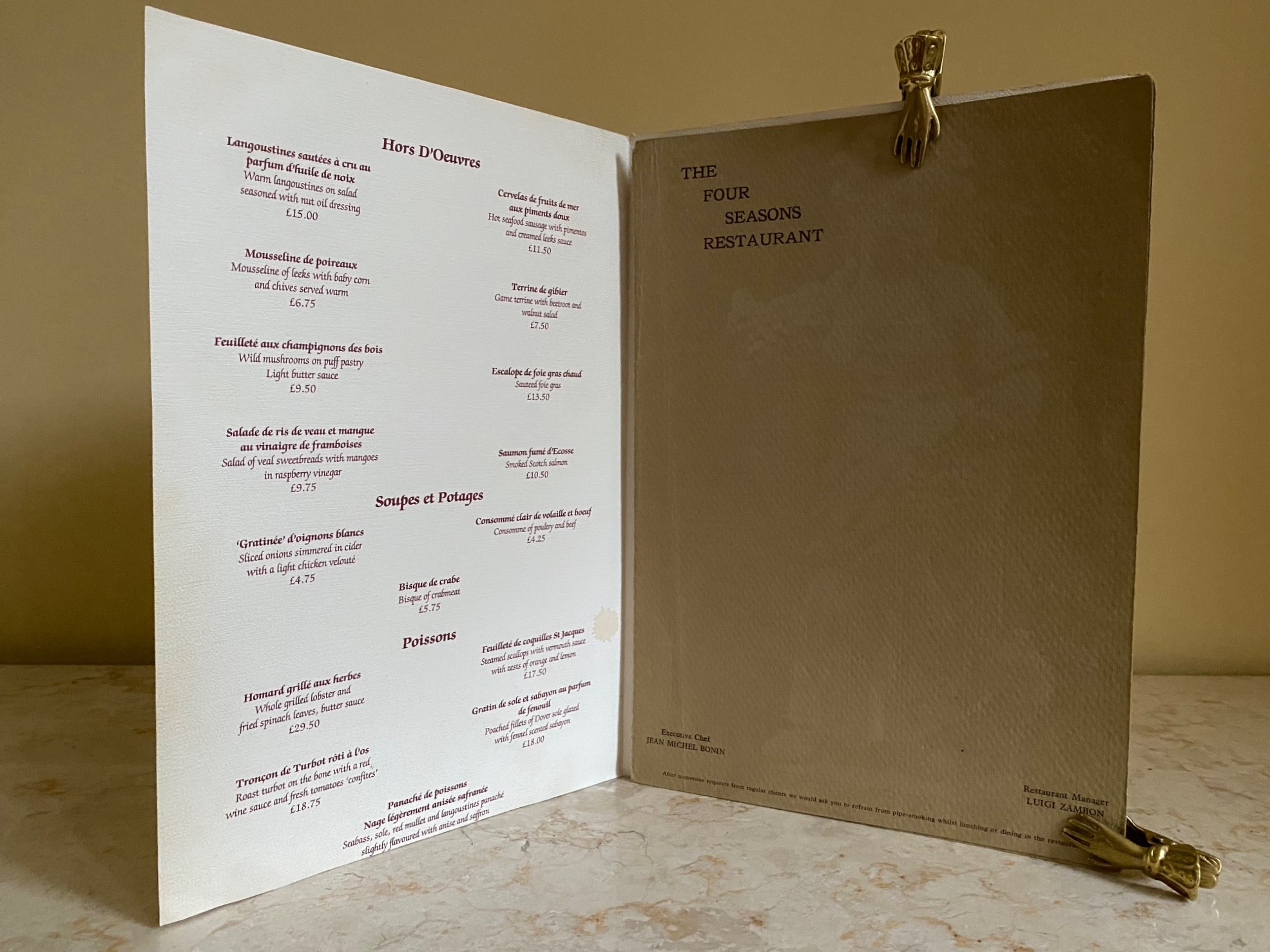 Two Original Menus From: The Four Seasons Restaurant, Inn on the Park London (later renamed Four Seasons Hotel London at Park Lane)