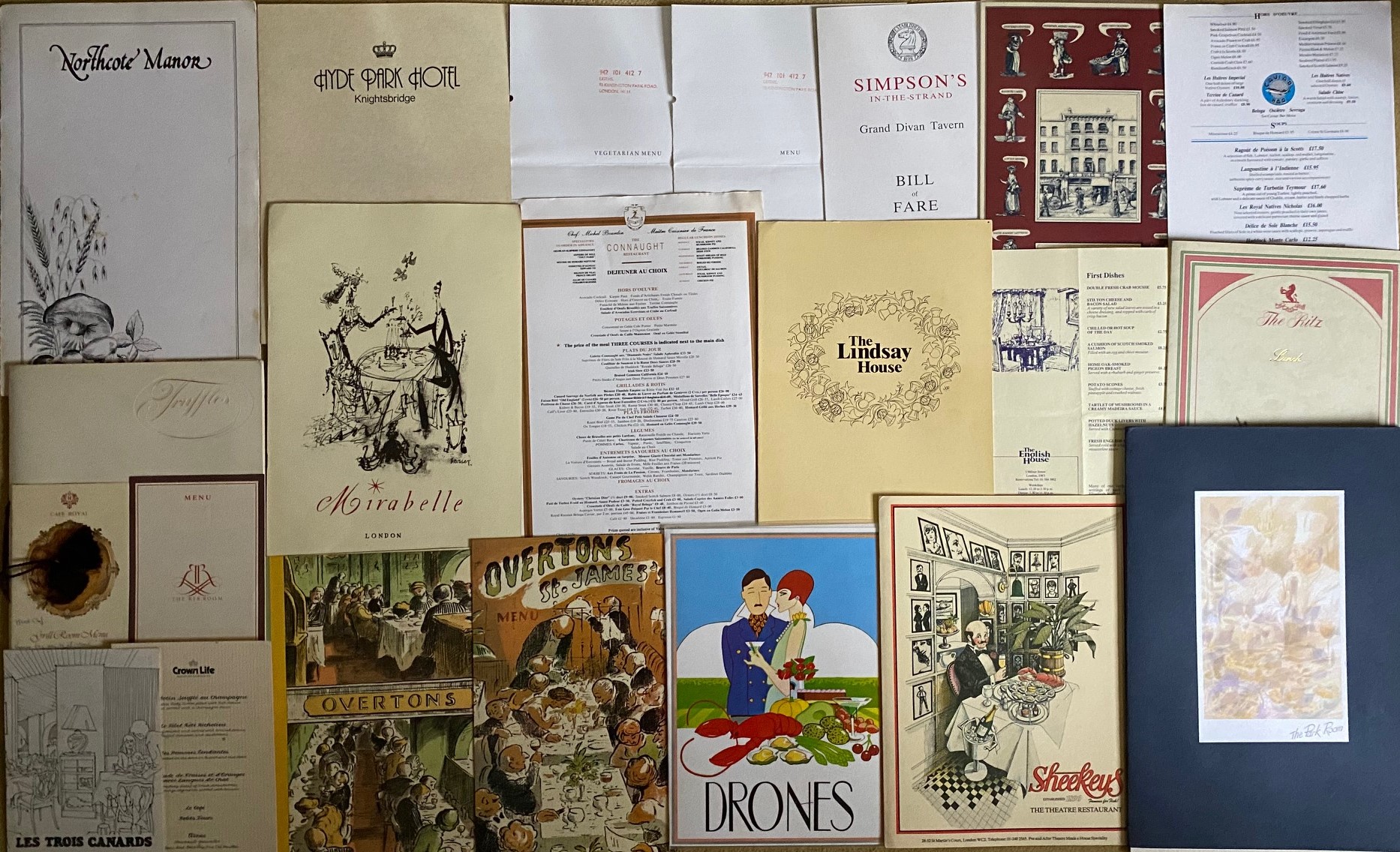 20+ Original Menus From Mainly London Hotels and Restaurants Comprising: Leiths Vegetarian Menu (1987) | Leiths Winter Menu (1987-88) | Simpson